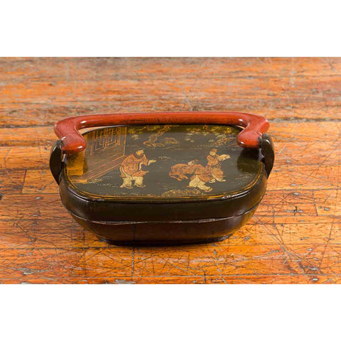 Chinese Vintage Black Lacquer Lidded Box with Hand-Painted Chinoiserie Décor