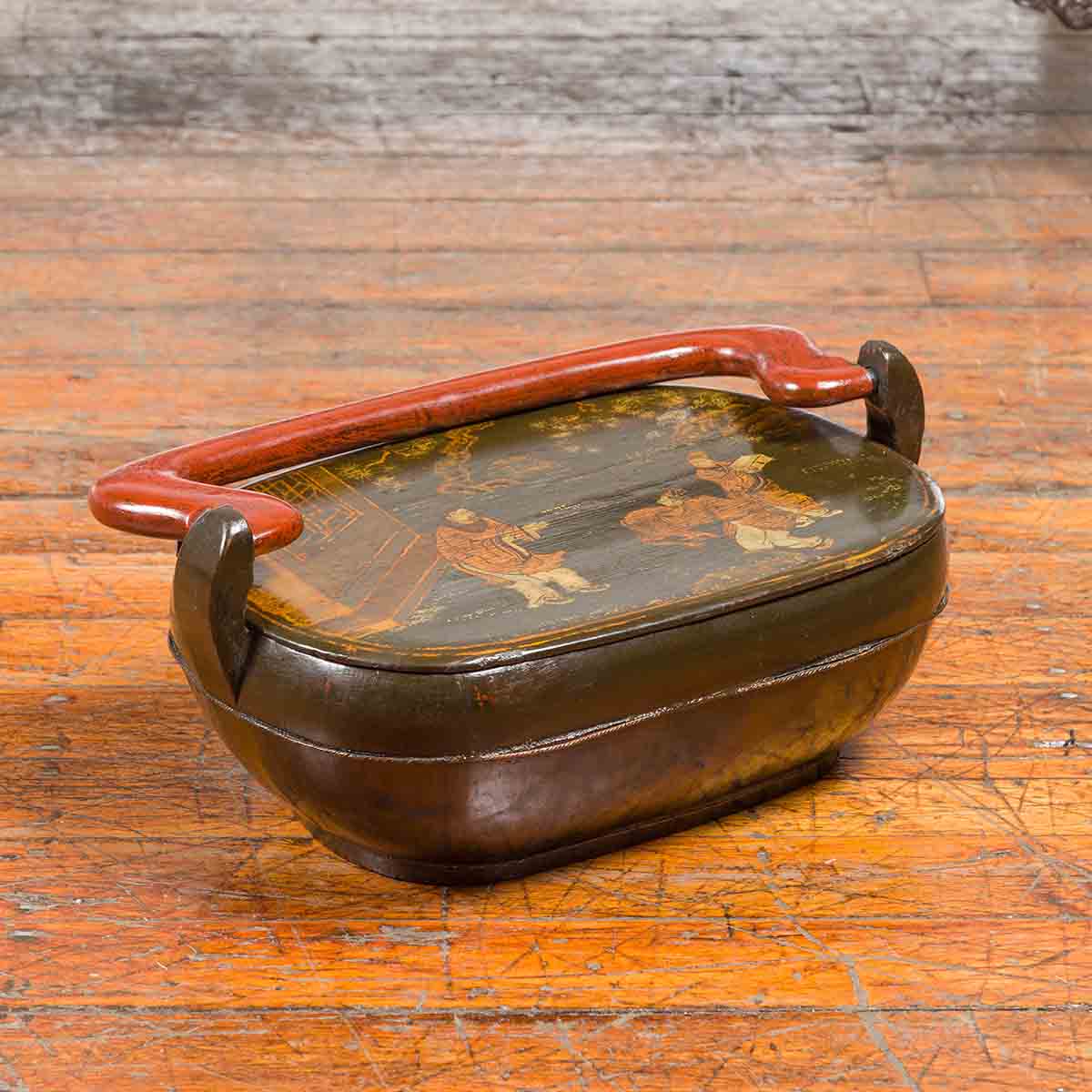 Chinese Vintage Black Lacquer Lidded Box with Hand-Painted Chinoiserie Décor-2. Asian & Chinese Furniture, Art, Antiques, Vintage Home Décor for sale at FEA Home