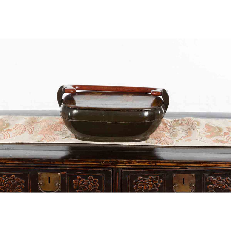 Chinese Vintage Black Lacquer Lidded Box with Hand-Painted Chinoiserie Décor