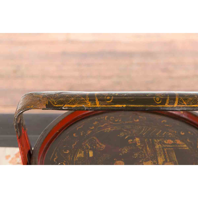 Chinese Vintage Round Picnic Basket with Gilt Chinoiserie Design-YN7313-13. Asian & Chinese Furniture, Art, Antiques, Vintage Home Décor for sale at FEA Home