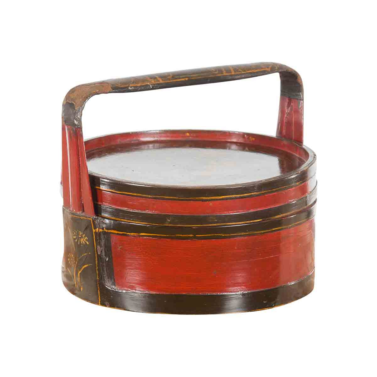Chinese Vintage Round Picnic Basket with Gilt Chinoiserie Design-1. Asian & Chinese Furniture, Art, Antiques, Vintage Home Décor for sale at FEA Home