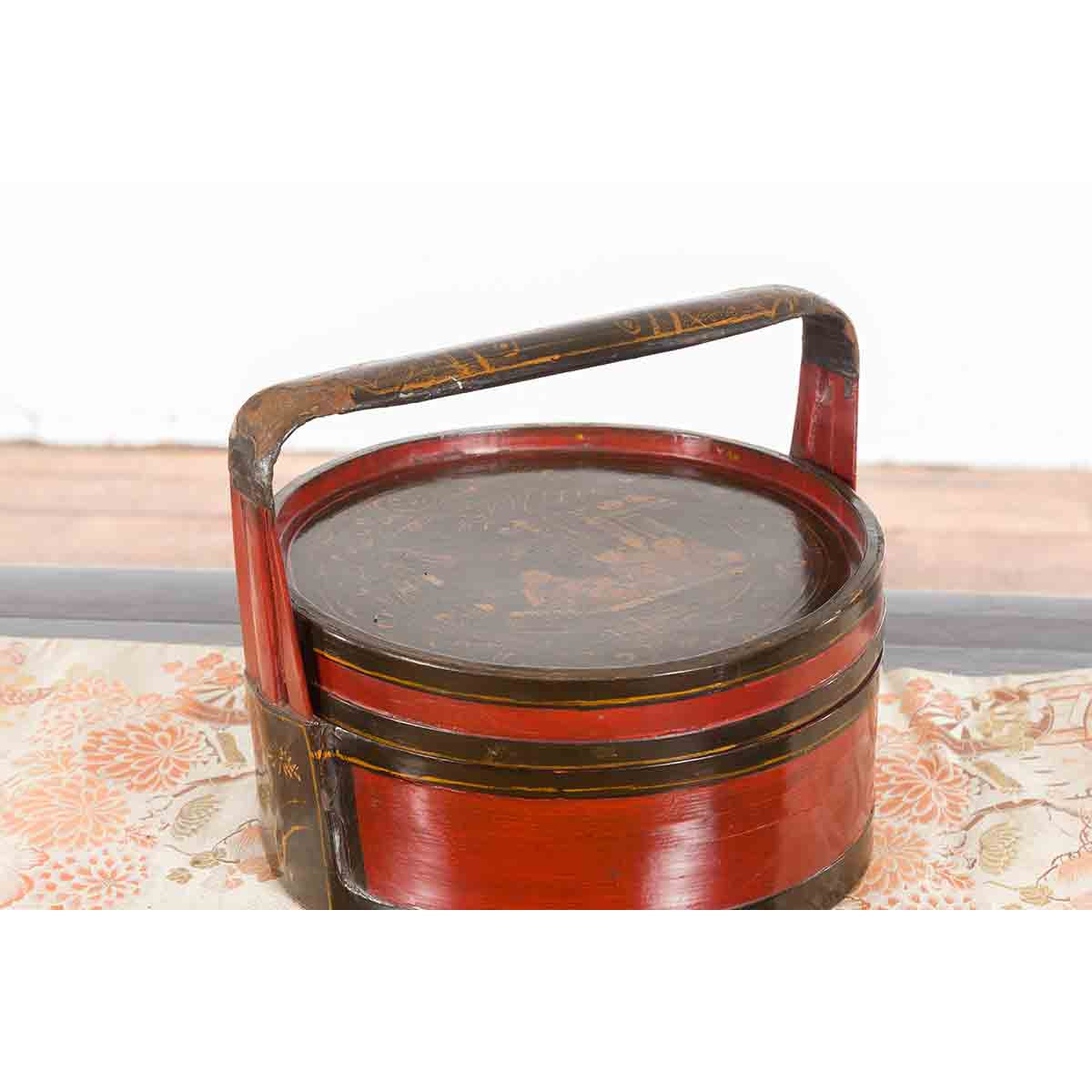 Chinese Vintage Round Picnic Basket with Gilt Chinoiserie Design-10. Asian &amp; Chinese Furniture, Art, Antiques, Vintage Home Décor for sale at FEA Home