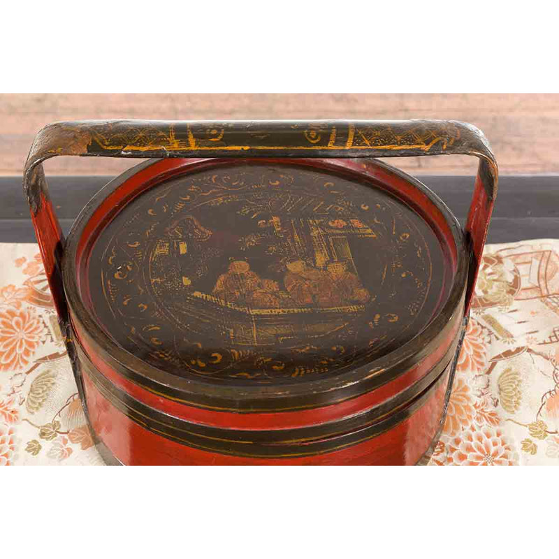 Chinese Vintage Round Picnic Basket with Gilt Chinoiserie Design-YN7313-12. Asian & Chinese Furniture, Art, Antiques, Vintage Home Décor for sale at FEA Home
