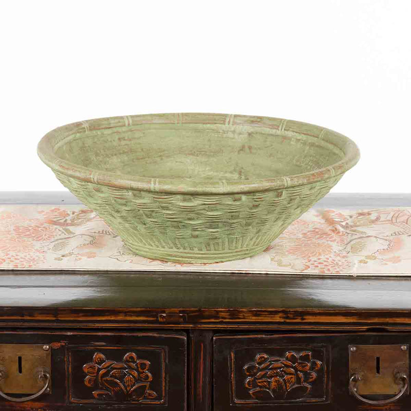 Vintage Thai Terracotta Wicker Style Circular Tapering Bowl with Green Patina-YN7314-3. Asian & Chinese Furniture, Art, Antiques, Vintage Home Décor for sale at FEA Home