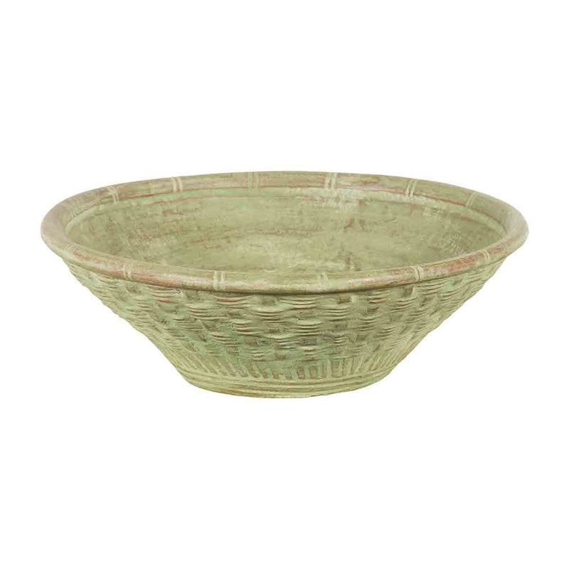 Vintage Thai Terracotta Wicker Style Circular Tapering Bowl with Green Patina-YN7314-1. Asian & Chinese Furniture, Art, Antiques, Vintage Home Décor for sale at FEA Home