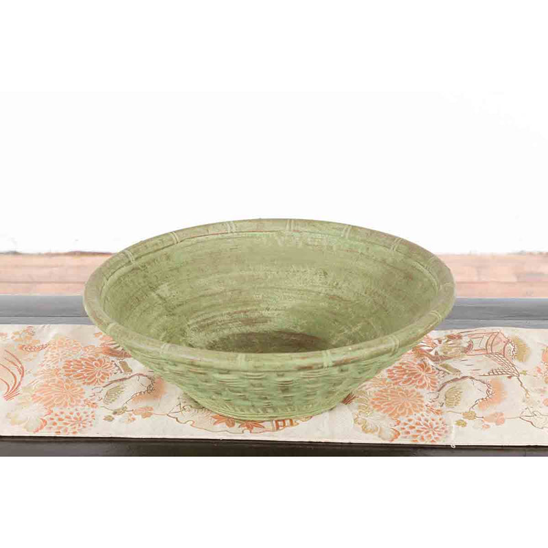 Vintage Thai Terracotta Wicker Style Circular Tapering Bowl with Green Patina-YN7314-6. Asian & Chinese Furniture, Art, Antiques, Vintage Home Décor for sale at FEA Home