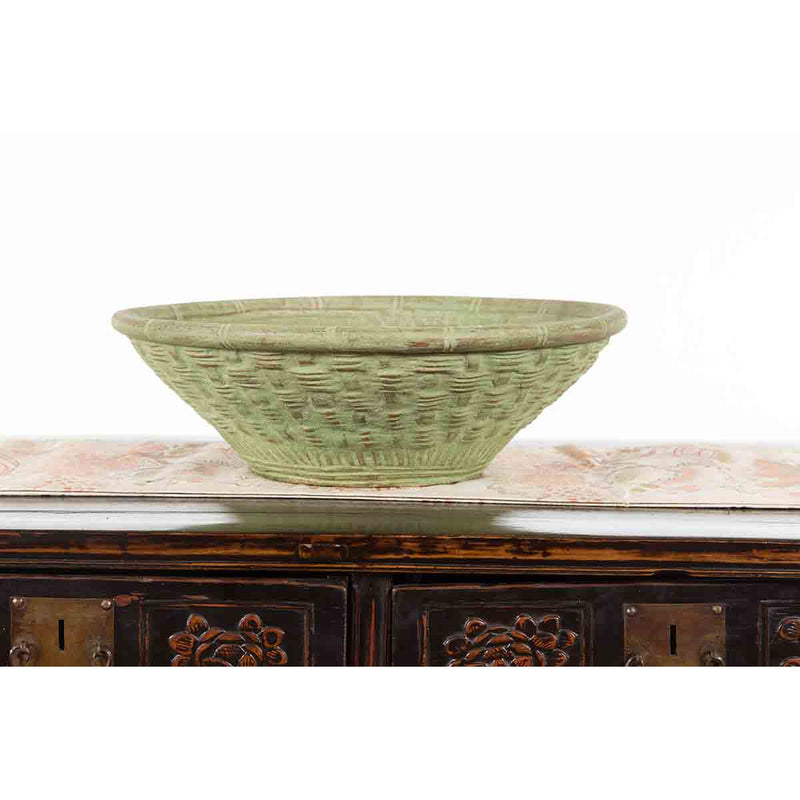 Vintage Thai Terracotta Wicker Style Circular Tapering Bowl with Green Patina
