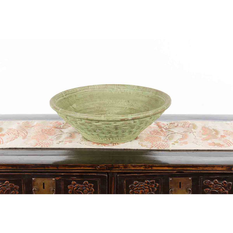 Vintage Thai Terracotta Wicker Style Circular Tapering Bowl with Green Patina-YN7314-8. Asian & Chinese Furniture, Art, Antiques, Vintage Home Décor for sale at FEA Home