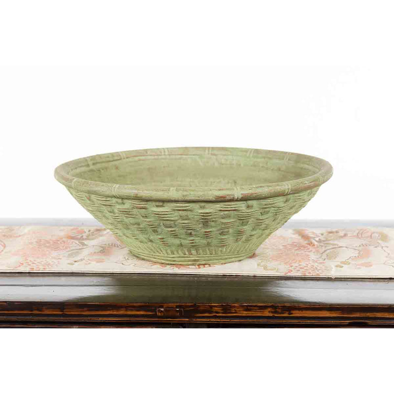 Vintage Thai Terracotta Wicker Style Circular Tapering Bowl with Green Patina-YN7314-2. Asian & Chinese Furniture, Art, Antiques, Vintage Home Décor for sale at FEA Home