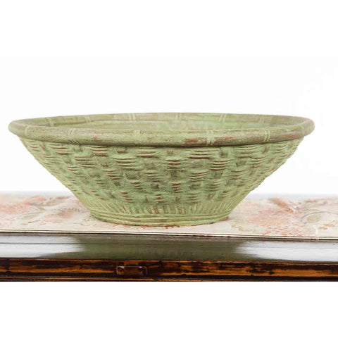 Vintage Thai Terracotta Wicker Style Circular Tapering Bowl with Green Patina-YN7314-9. Asian & Chinese Furniture, Art, Antiques, Vintage Home Décor for sale at FEA Home
