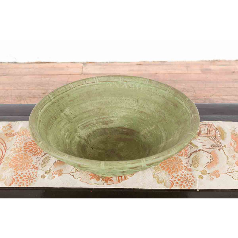 Vintage Thai Terracotta Wicker Style Circular Tapering Bowl with Green Patina-YN7314-10. Asian & Chinese Furniture, Art, Antiques, Vintage Home Décor for sale at FEA Home