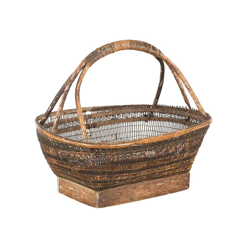 Chinese Rustic Vintage Woven Rattan Market Basket with Large Handle and Base- Asian Antiques, Vintage Home Decor & Chinese Furniture - FEA Home