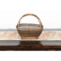 Chinese Rustic Vintage Woven Rattan Market Basket with Large Handle and Base