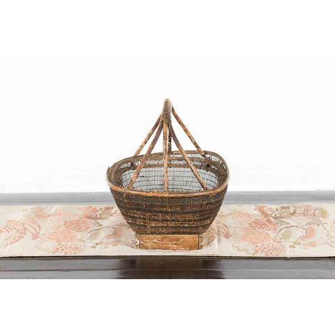 Chinese Rustic Vintage Woven Rattan Market Basket with Large Handle and Base