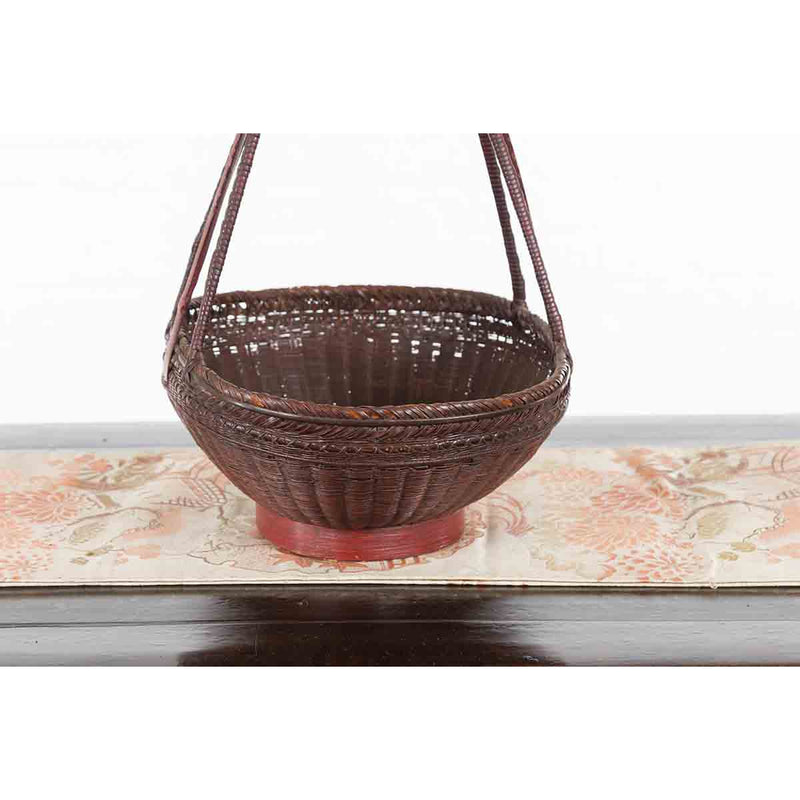 Handwoven Chinese Red & Brown Rattan Market Basket with Tall Carrying Handle