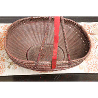 Handwoven Chinese Red & Brown Rattan Market Basket with Tall Carrying Handle