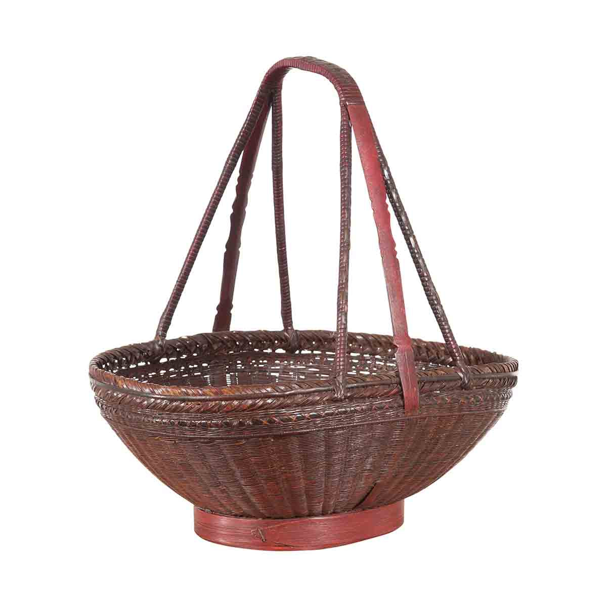 Handwoven Chinese Red & Brown Rattan Market Basket with Tall Carrying Handle-1. Asian & Chinese Furniture, Art, Antiques, Vintage Home Décor for sale at FEA Home