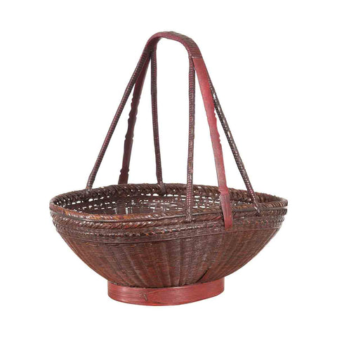 Chinese Woven Rattan Red and Brown Market Basket with Large Tripartite Handle- Asian Antiques, Vintage Home Decor & Chinese Furniture - FEA Home
