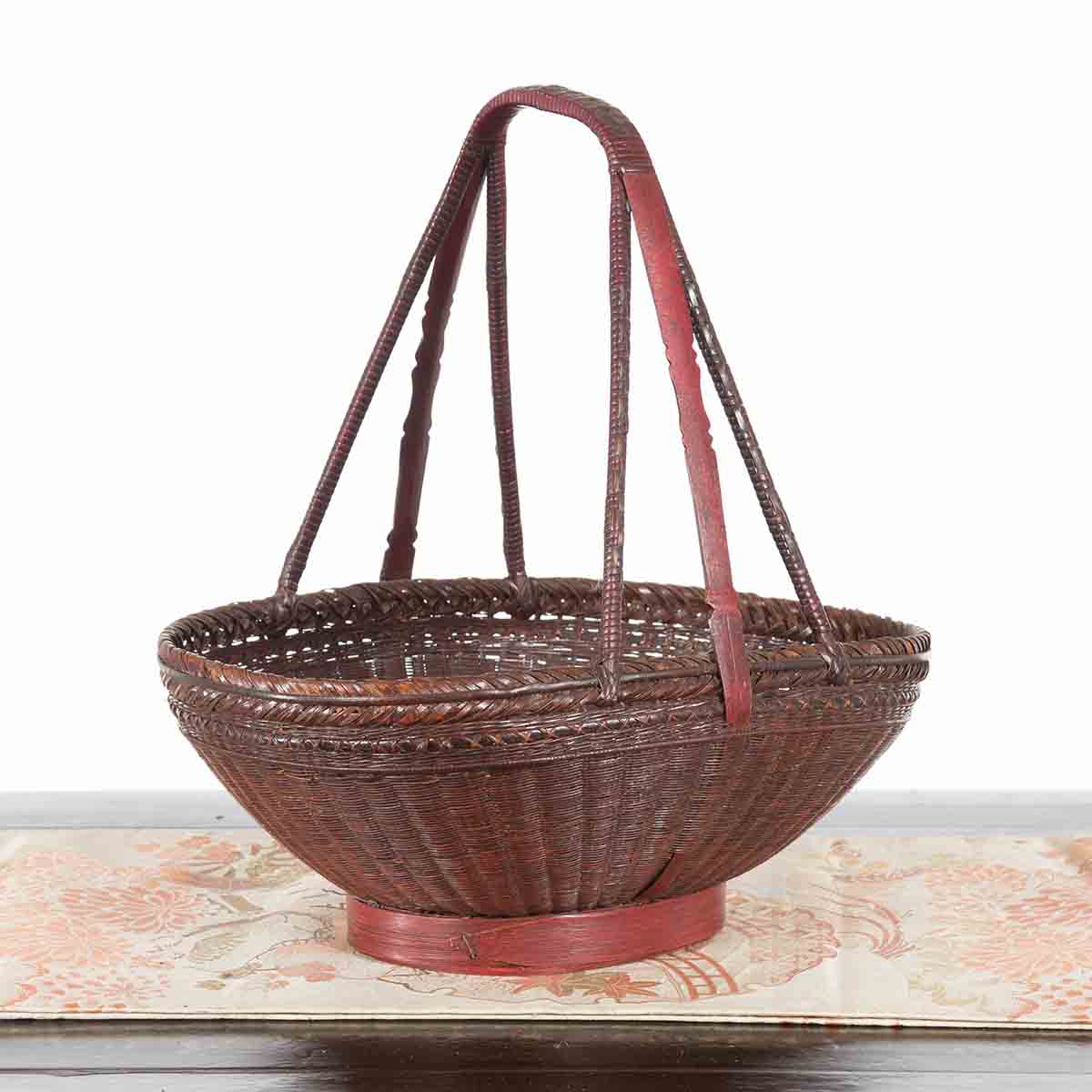Handwoven Chinese Red & Brown Rattan Market Basket with Tall Carrying Handle-2. Asian & Chinese Furniture, Art, Antiques, Vintage Home Décor for sale at FEA Home
