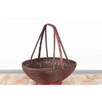 Handwoven Chinese Red & Brown Rattan Market Basket with Tall Carrying Handle