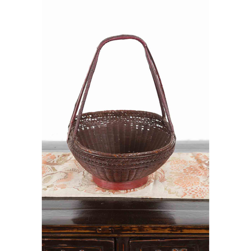 Handwoven Chinese Red & Brown Rattan Market Basket with Tall Carrying Handle