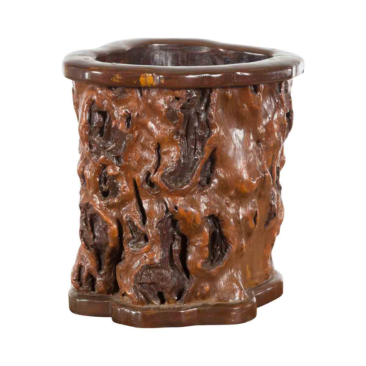 Chinese Rustic Vintage Oval Root Planter with Dark Brown Patina-1. Asian & Chinese Furniture, Art, Antiques, Vintage Home Décor for sale at FEA Home