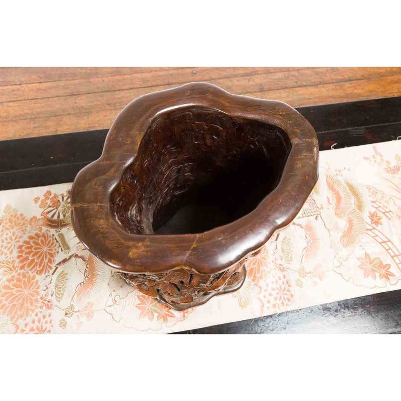 Chinese Rustic Vintage Oval Root Planter with Dark Brown Patina-5. Asian & Chinese Furniture, Art, Antiques, Vintage Home Décor for sale at FEA Home