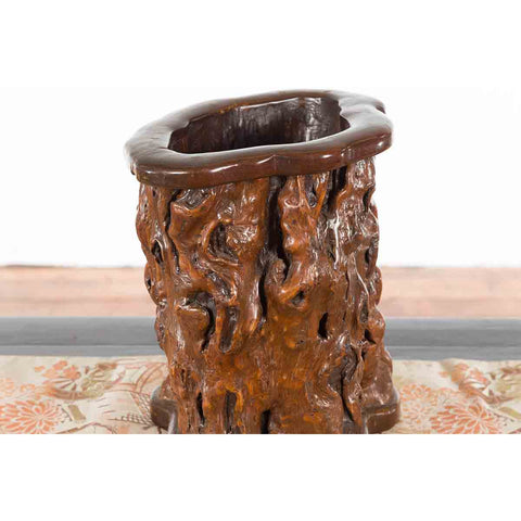 Chinese Rustic Vintage Oval Root Planter with Dark Brown Patina