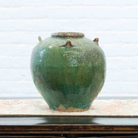 Chinese Qing Dynasty 19th Century Green Glazed Water Vessel with Loop Handles