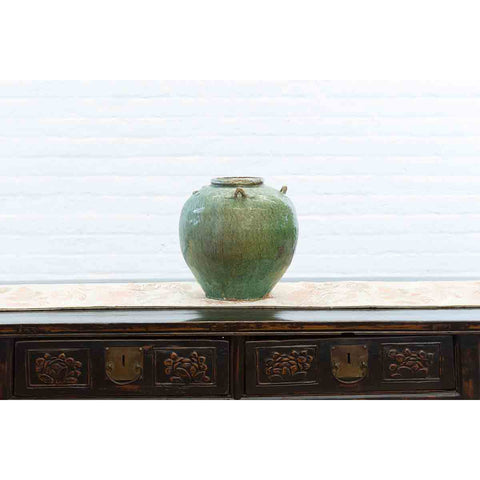 Chinese Qing Dynasty 19th Century Green Glazed Water Vessel with Loop Handles
