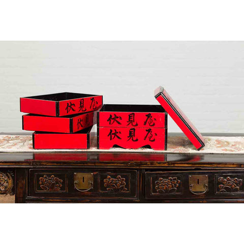 Japanese Taishō Period Red Lacquered Tiered Food Box with Black Calligraphy