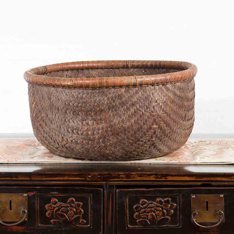 Rustic Chinese Qing Dynasty 19th Century Woven Rattan Round Grain Basket