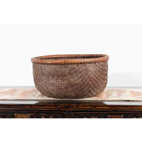 Rustic Chinese Qing Dynasty 19th Century Woven Rattan Round Grain Basket
