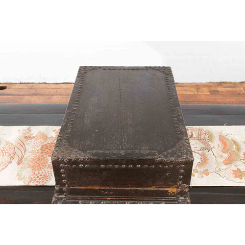 Indian 19th Century Black Box with Iron Nailheads, Braces and Rustic Patina