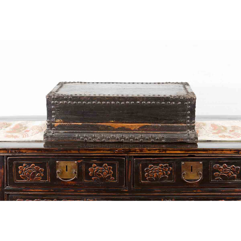 Indian 19th Century Black Box with Iron Nailheads, Braces and Rustic Patina