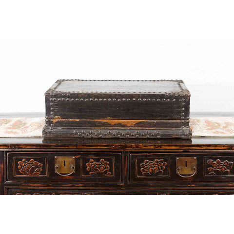 Indian 19th Century Black Box with Iron Nailheads, Braces and Rustic Patina-YN7348-12. Asian & Chinese Furniture, Art, Antiques, Vintage Home Décor for sale at FEA Home