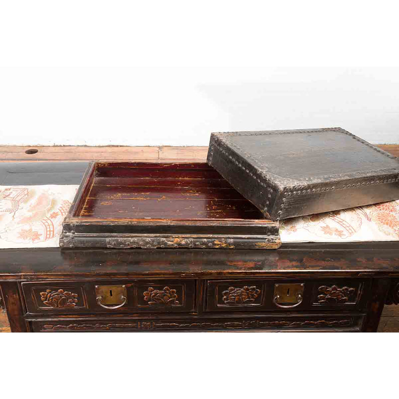 Indian 19th Century Black Box with Iron Nailheads, Braces and Rustic Patina-YN7348-14. Asian & Chinese Furniture, Art, Antiques, Vintage Home Décor for sale at FEA Home