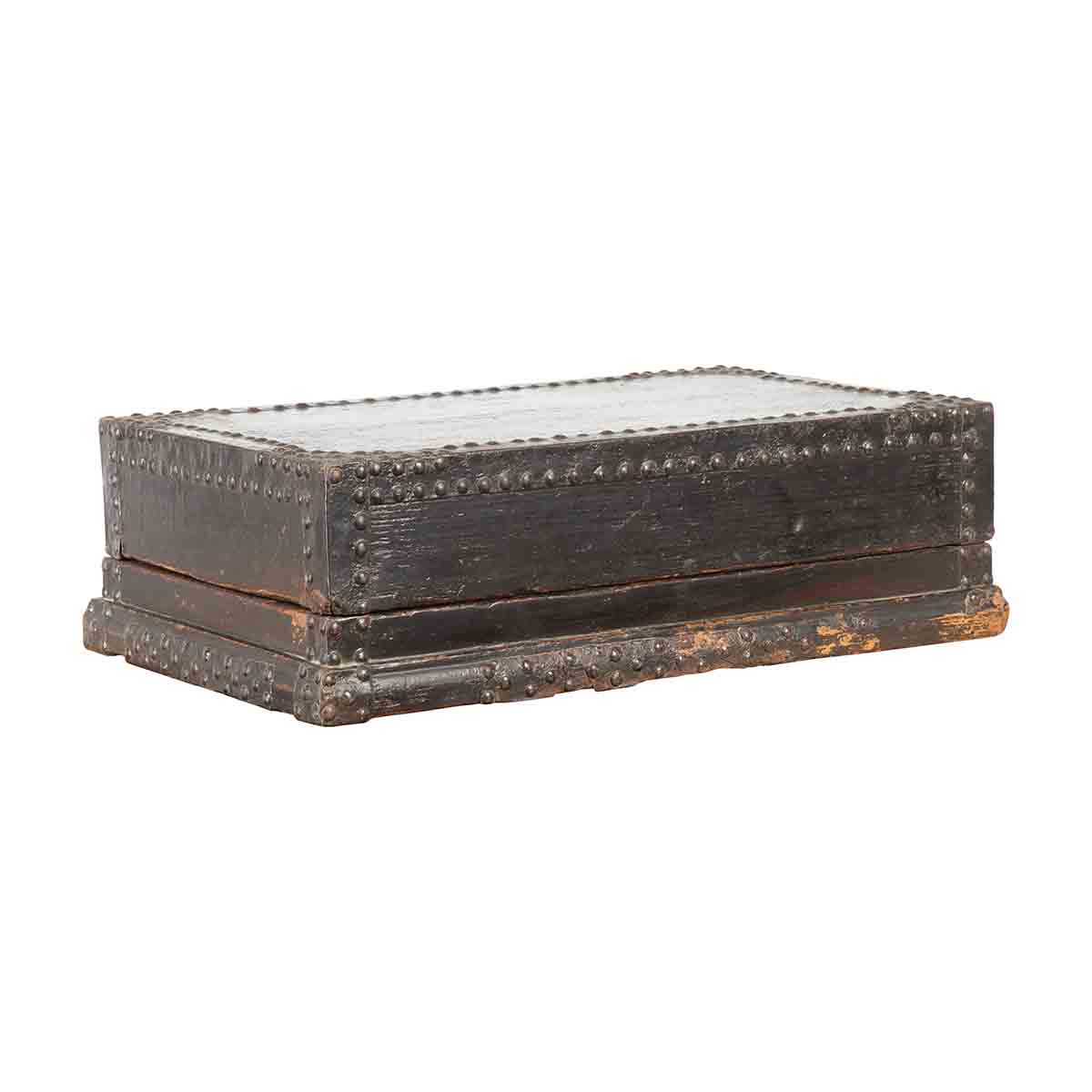 Indian 19th Century Black Box with Iron Nailheads, Braces and Rustic Patina-1. Asian & Chinese Furniture, Art, Antiques, Vintage Home Décor for sale at FEA Home