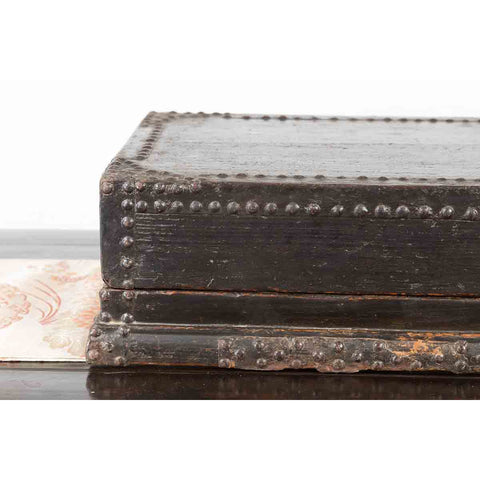 Indian 19th Century Black Box with Iron Nailheads, Braces and Rustic Patina