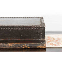 Indian 19th Century Black Box with Iron Nailheads, Braces and Rustic Patina