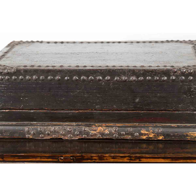 Indian 19th Century Black Box with Iron Nailheads, Braces and Rustic Patina-YN7348-7. Asian & Chinese Furniture, Art, Antiques, Vintage Home Décor for sale at FEA Home