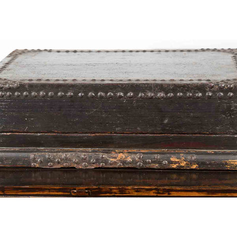 Indian 19th Century Black Box with Iron Nailheads, Braces and Rustic Patina