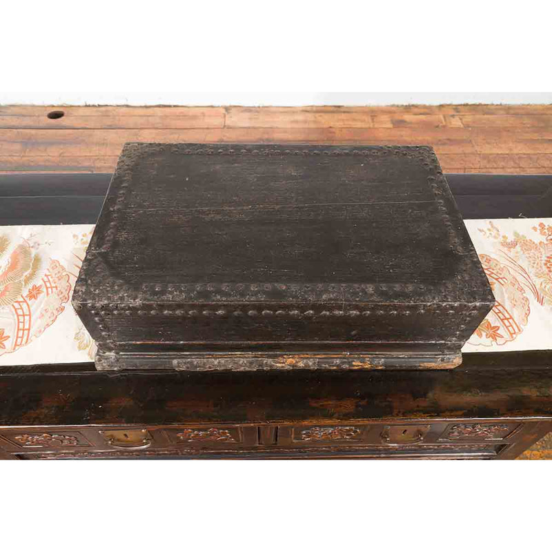 Indian 19th Century Black Box with Iron Nailheads, Braces and Rustic Patina-YN7348-8. Asian & Chinese Furniture, Art, Antiques, Vintage Home Décor for sale at FEA Home