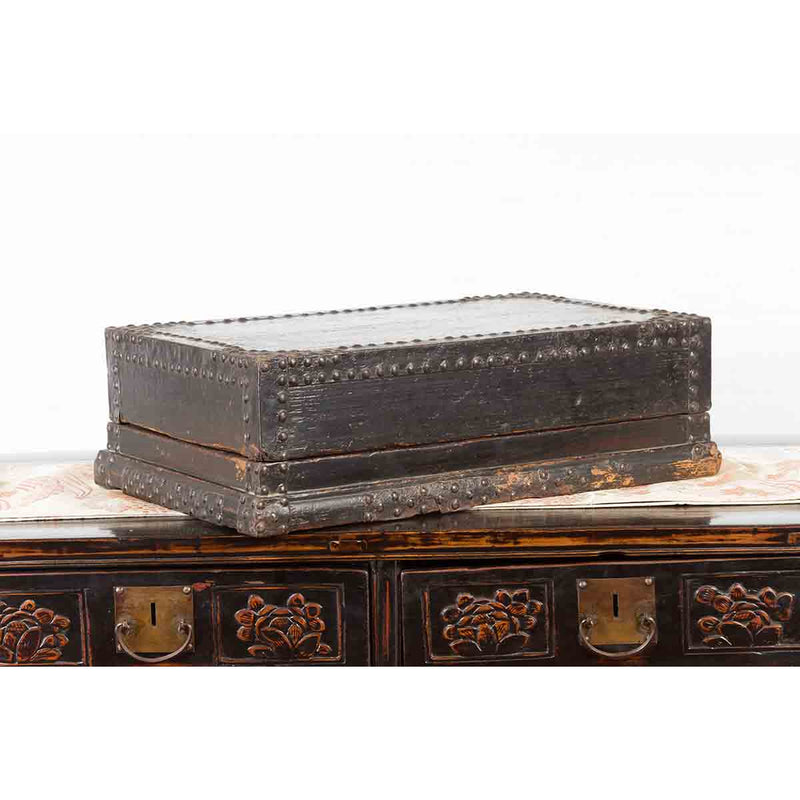 Indian 19th Century Black Box with Iron Nailheads, Braces and Rustic Patina