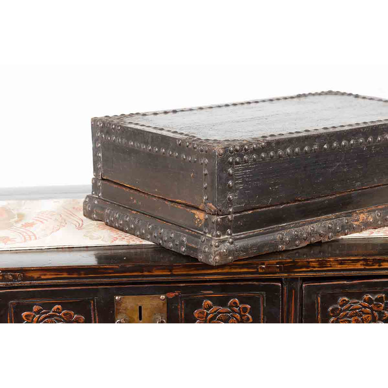 Indian 19th Century Black Box with Iron Nailheads, Braces and Rustic Patina
