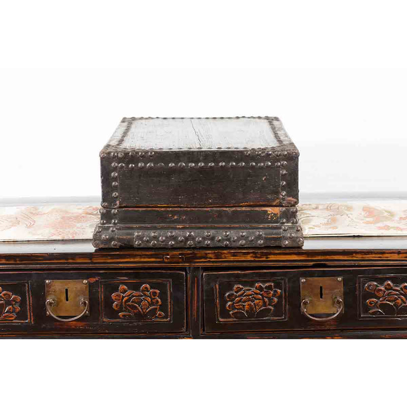 Indian 19th Century Black Box with Iron Nailheads, Braces and Rustic Patina-YN7348-10. Asian & Chinese Furniture, Art, Antiques, Vintage Home Décor for sale at FEA Home