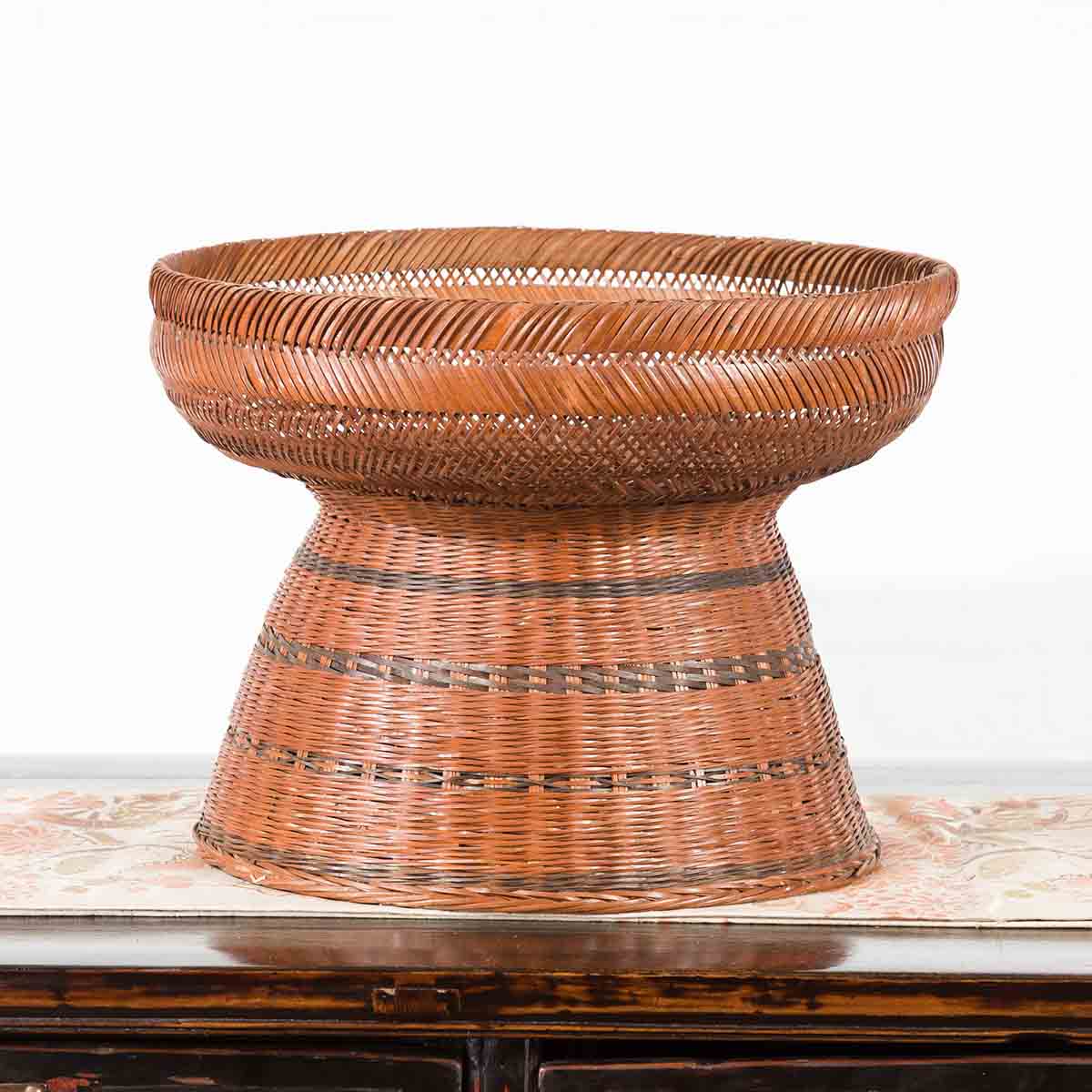 Thai Vintage Woven Rattan Fruit Market Basket with Pedestal Tapering Base-2. Asian & Chinese Furniture, Art, Antiques, Vintage Home Décor for sale at FEA Home
