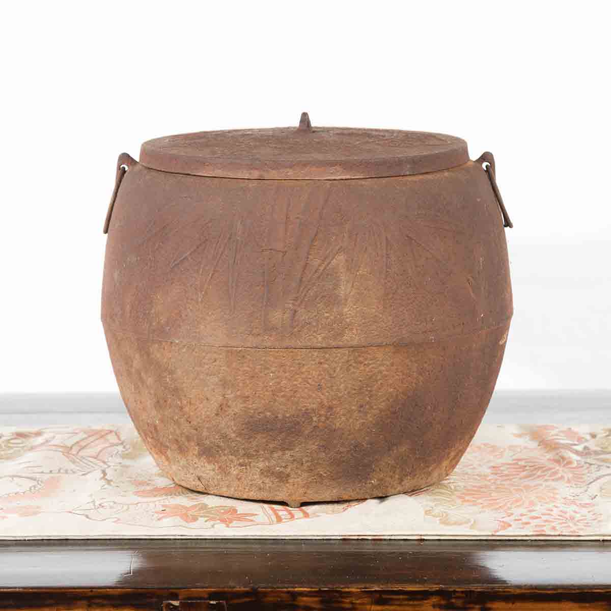 Japanese Meiji Period 1900s Distressed Iron Cooking Pot with Foliage Motifs-2. Asian & Chinese Furniture, Art, Antiques, Vintage Home Décor for sale at FEA Home