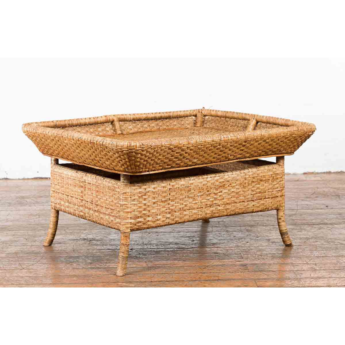 Vintage Burmese Rattan and Bamboo Coffee Table with Tray Top-2. Asian & Chinese Furniture, Art, Antiques, Vintage Home Décor for sale at FEA Home