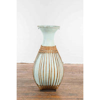 Large Vintage Chinese Woven Rattan Basket of Teal and Natural Color on Base